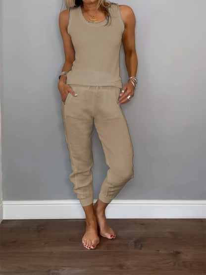 Women's Casual Two-Piece Cotton-Linen Set – Verena – Khaki