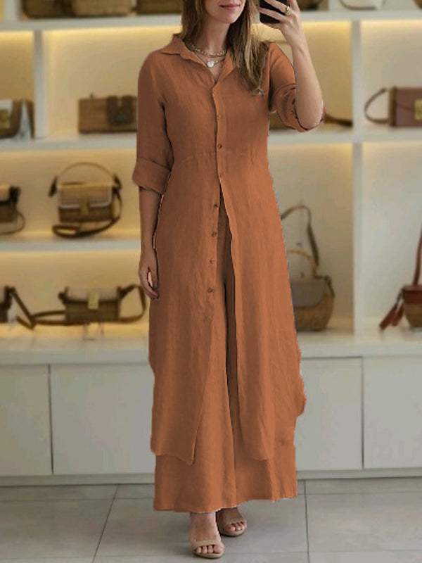Women's Casual Two-Piece Cotton-Linen Set – Keira – Brown