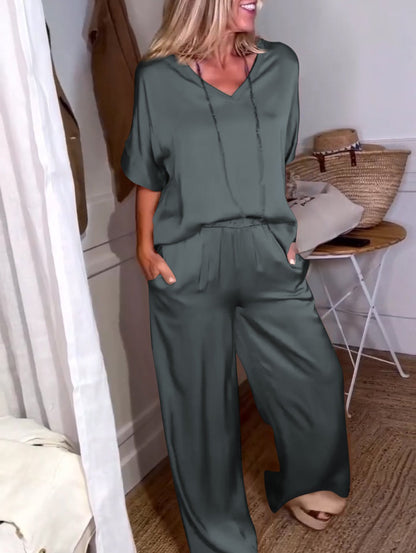 Women's Casual Satin Top and Drawstring Pants Set – Greta – Green