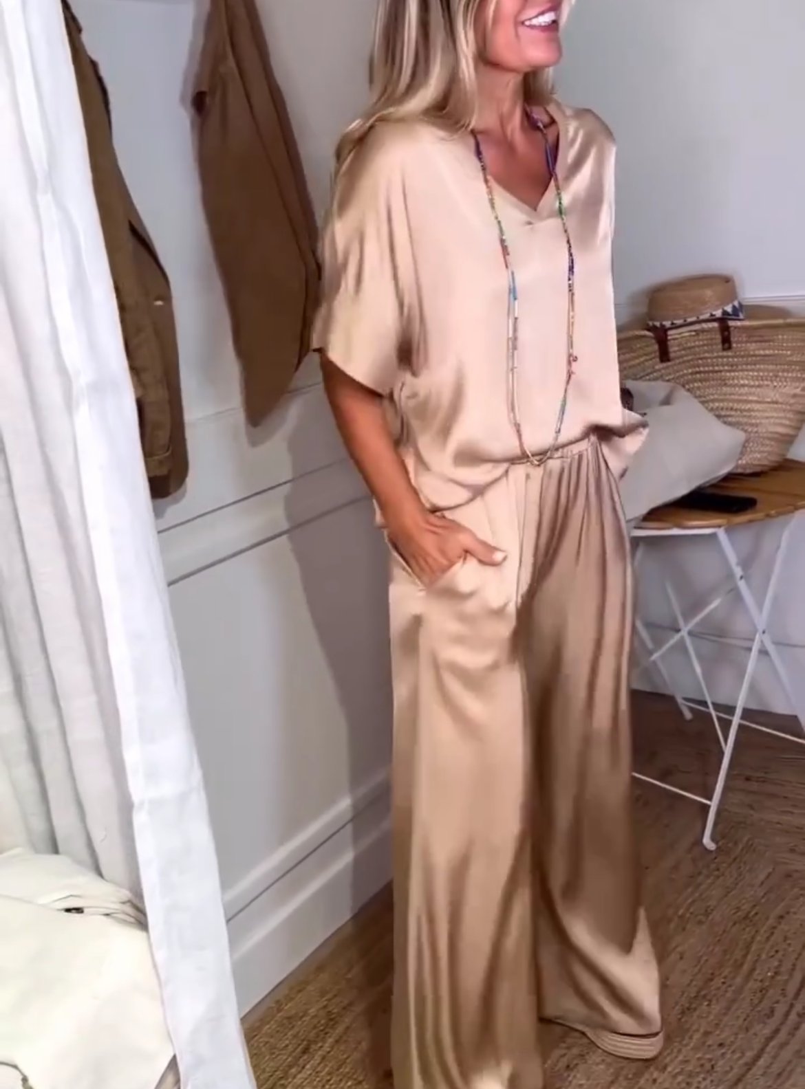 Women's Casual Satin Top and Drawstring Pants Set – Greta