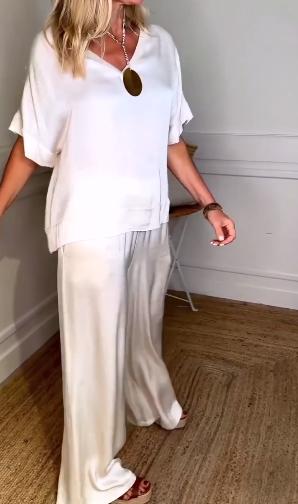 Women's Casual Satin Top and Drawstring Pants Set – Greta – White