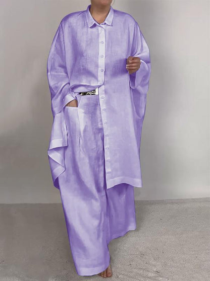 Women's Casual Solid Shirt and Pants Set – Lyra – Purple