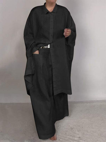 Women's Casual Solid Shirt and Pants Set – Lyra – Black