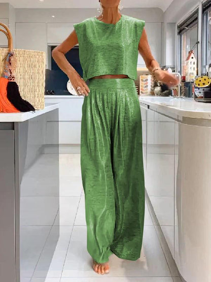 Women's Casual Shimmer Vest and Wide-Leg Pants Set – Laila – Green