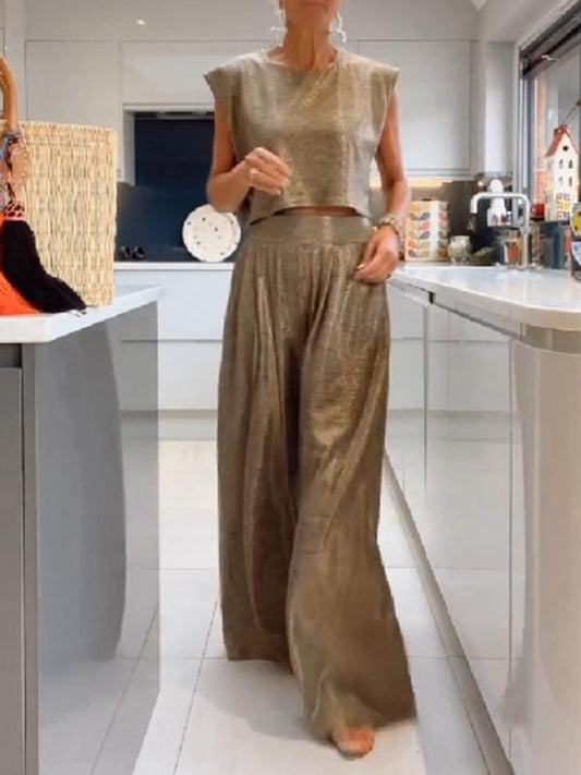 Women's Casual Shimmer Vest and Wide-Leg Pants Set – Laila