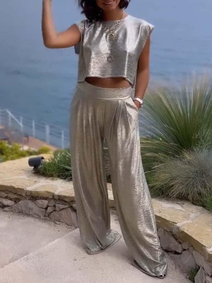 Women's Casual Shimmer Vest and Wide-Leg Pants Set – Laila – Silver Gray