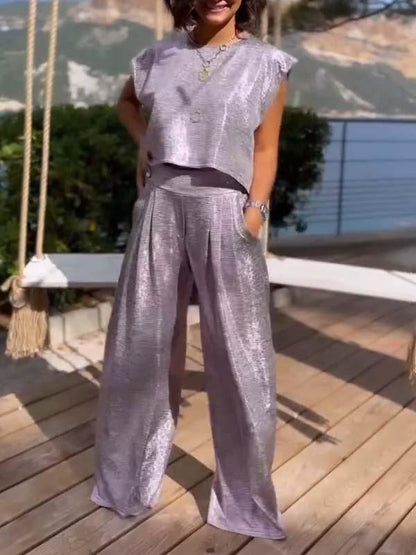 Women's Casual Shimmer Vest and Wide-Leg Pants Set – Laila – Light Purple
