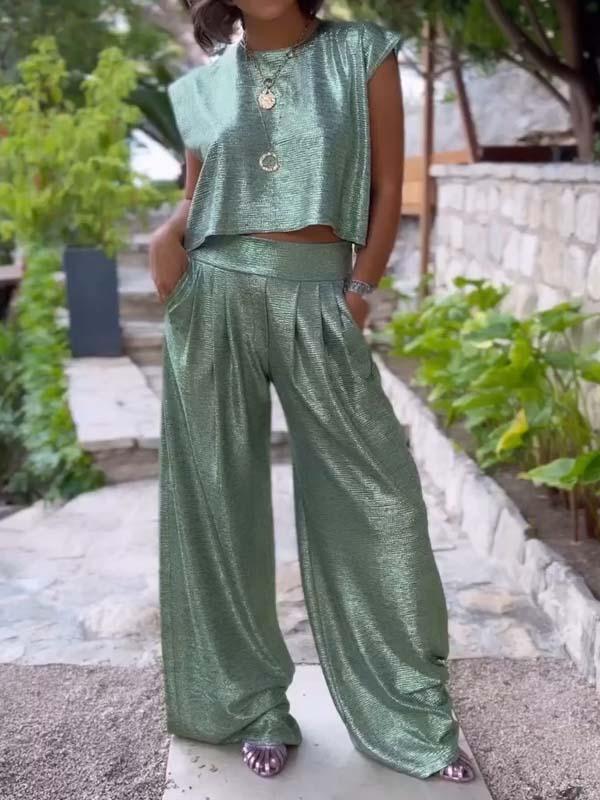 Women's Casual Shimmer Vest and Wide-Leg Pants Set – Laila – Light Green