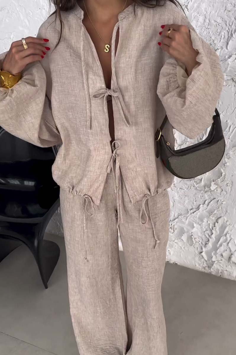 Women's Casual Solid Tie-Front Two-Piece Set – Nina