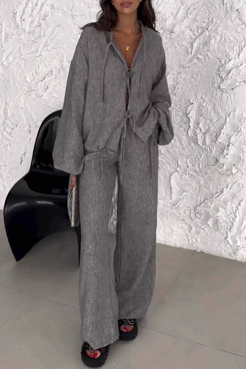 Women's Casual Solid Tie-Front Two-Piece Set – Nina – Dark Gray