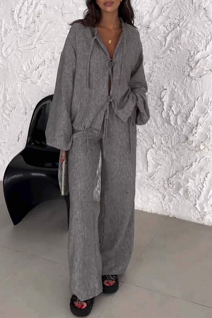 Women's Casual Solid Tie-Front Two-Piece Set – Nina – Dark Gray