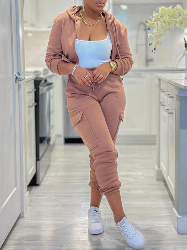 Women's Casual Zip Drawstring Jacket and Cargo Pants Set – Fern – Brown