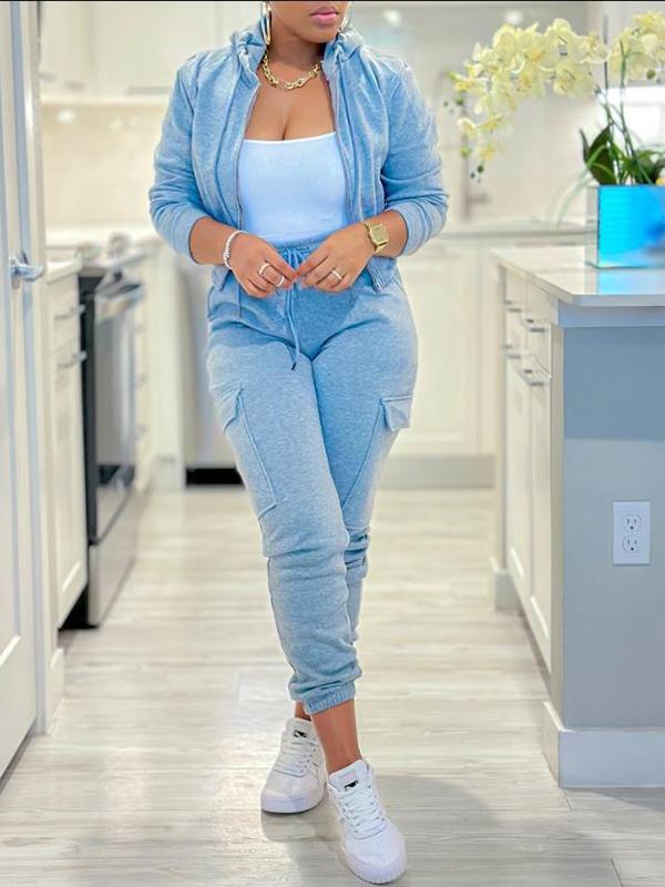 Women's Casual Zip Drawstring Jacket and Cargo Pants Set – Fern – Blue