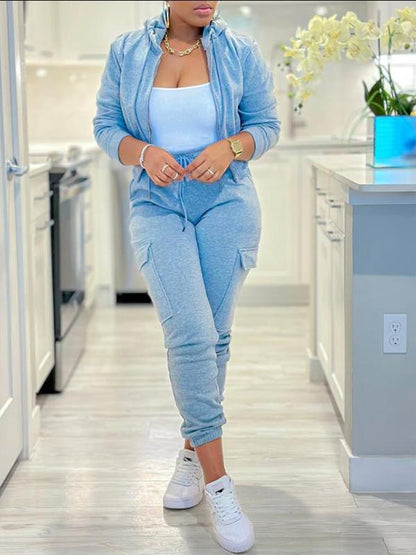Women's Casual Zip Drawstring Jacket and Cargo Pants Set – Fern – Blue