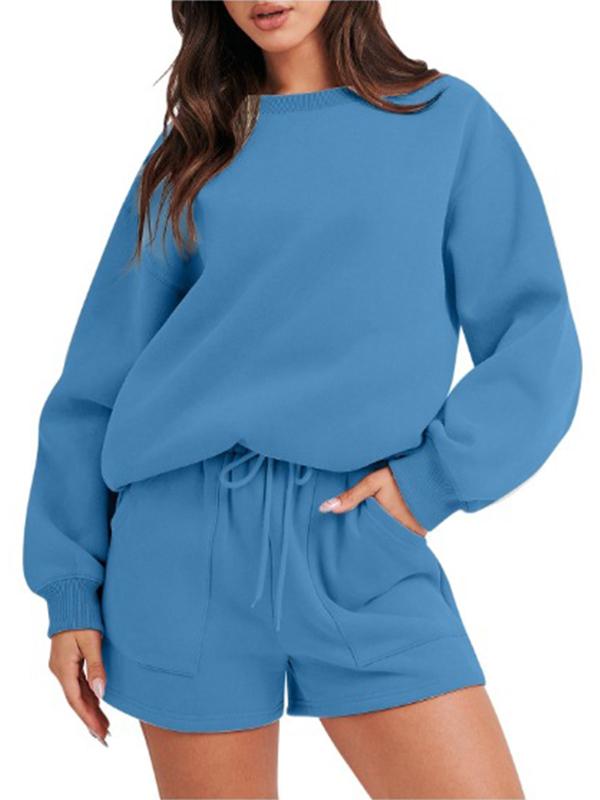 Women's Casual Long-Sleeve Crewneck Top and Shorts Set – Everly – Peacock Blue