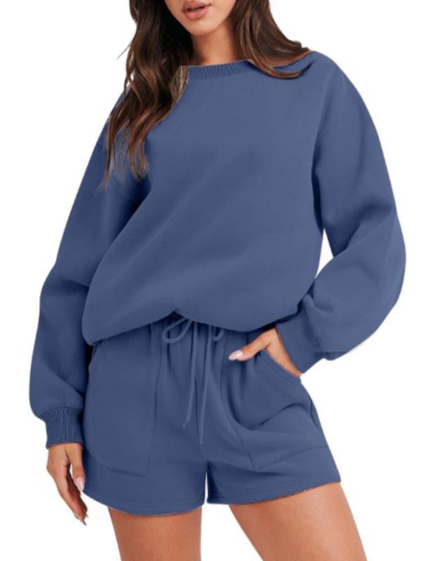 Women's Casual Long-Sleeve Crewneck Top and Shorts Set – Everly – Navy