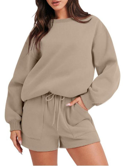 Women's Casual Long-Sleeve Crewneck Top and Shorts Set – Everly – Camel