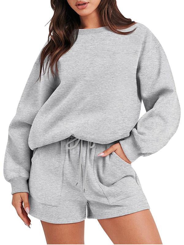 Women's Casual Long-Sleeve Crewneck Top and Shorts Set – Everly – Light Gray