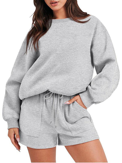 Women's Casual Long-Sleeve Crewneck Top and Shorts Set – Everly – Light Gray
