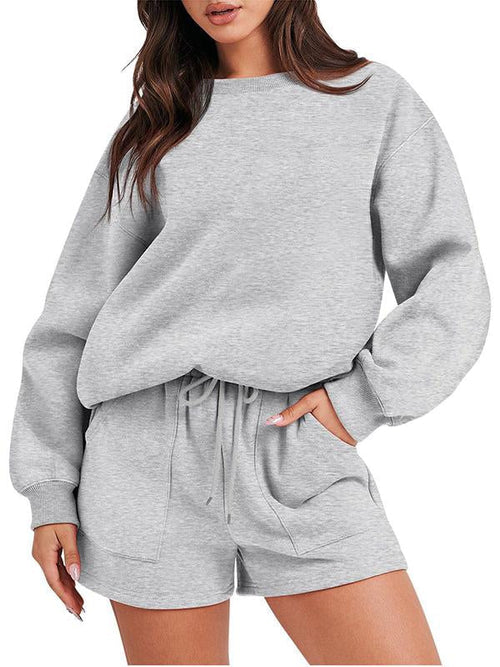 Women's Casual Long-Sleeve Crewneck Top and Shorts Set – Everly – Light Gray