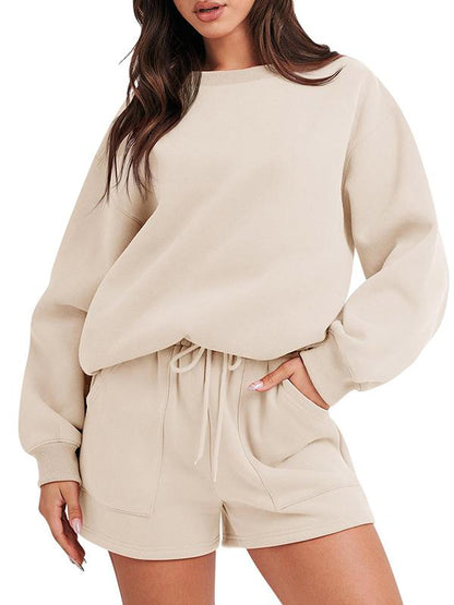 Women's Casual Long-Sleeve Crewneck Top and Shorts Set – Everly – Off White