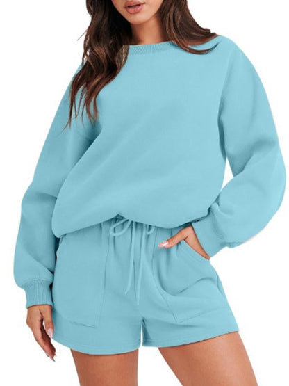 Women's Casual Long-Sleeve Crewneck Top and Shorts Set – Everly – Emerald