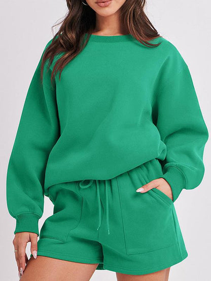 Women's Casual Long-Sleeve Crewneck Top and Shorts Set – Everly – Green