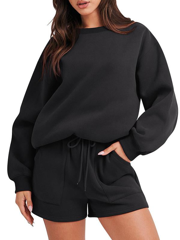 Women's Casual Long-Sleeve Crewneck Top and Shorts Set – Everly – Black