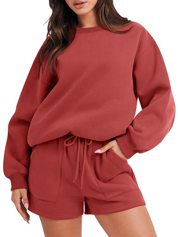 Women's Casual Long-Sleeve Crewneck Top and Shorts Set – Everly – Wine