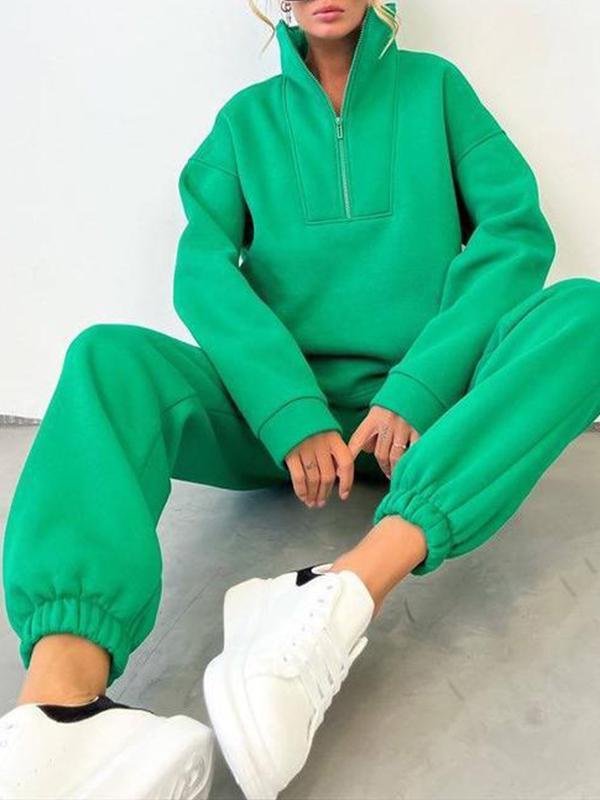Women's Casual Two-Piece Athleisure Set with Zip Turtleneck – Ainsley – Green