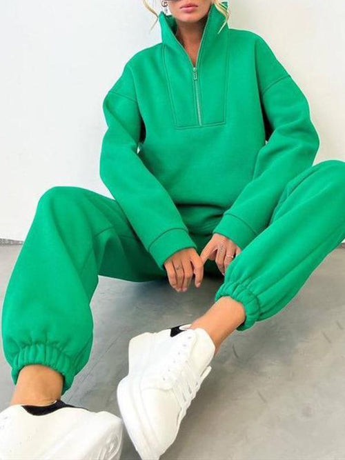 Women's Casual Two-Piece Athleisure Set with Zip Turtleneck – Ainsley – Green