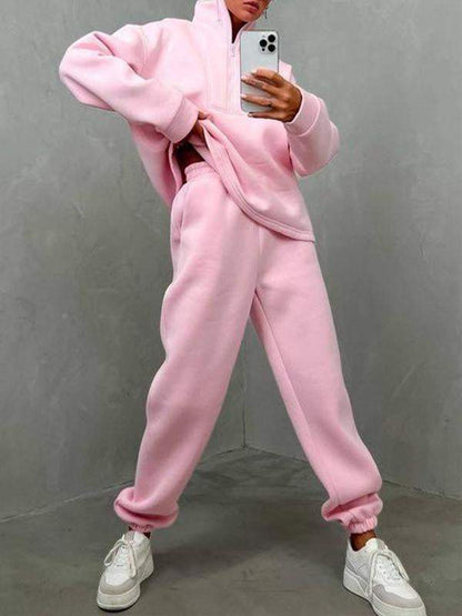 Women's Casual Two-Piece Athleisure Set with Zip Turtleneck – Ainsley – Pink