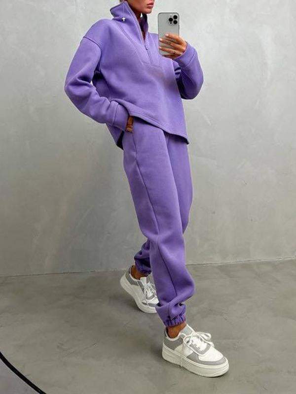 Women's Casual Two-Piece Athleisure Set with Zip Turtleneck – Ainsley – Purple