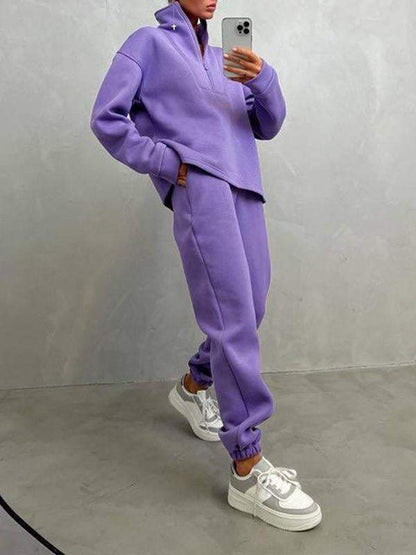 Women's Casual Two-Piece Athleisure Set with Zip Turtleneck – Ainsley – Purple