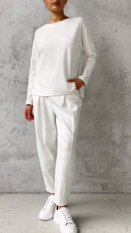 Women's Comfort Crewneck Set with Slit Detail – Theodosia – White