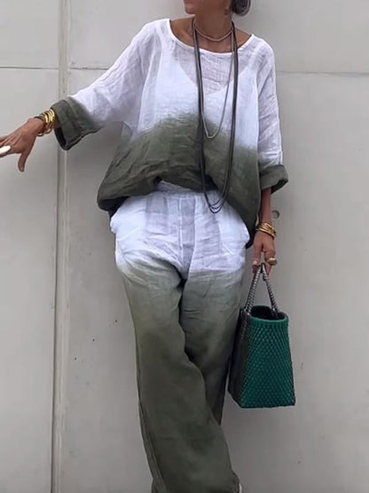Women's Two-Piece Ombré Cotton-Linen Set – Ingrid – Green