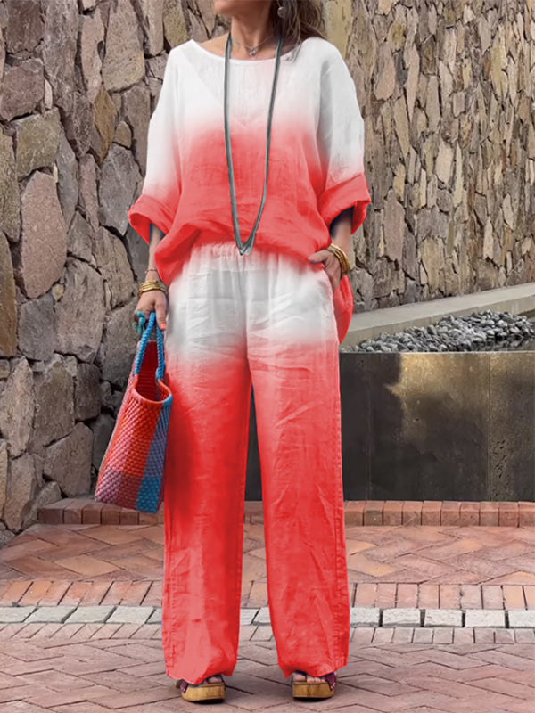 Women's Two-Piece Ombré Cotton-Linen Set – Ingrid – Red