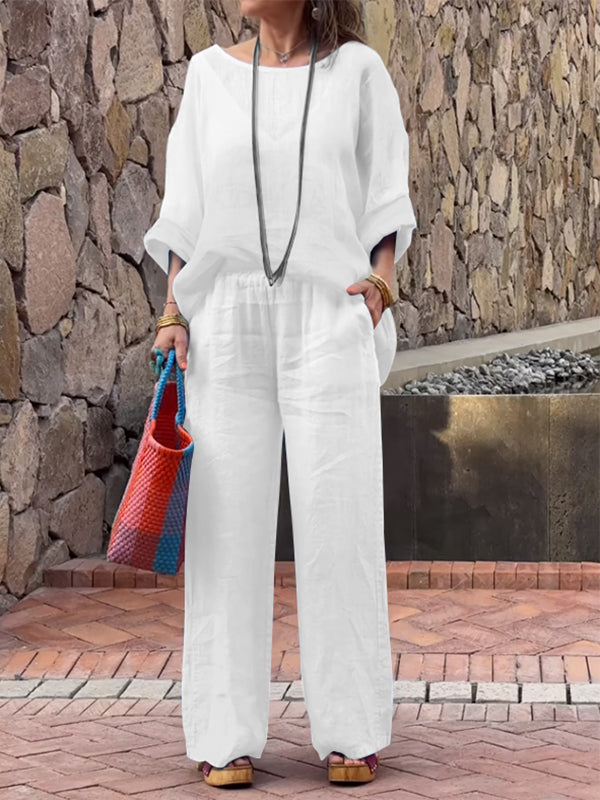 Women's Two-Piece Ombré Cotton-Linen Set – Ingrid – White
