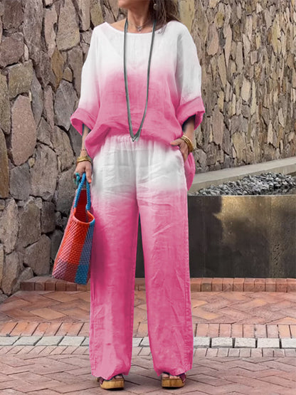 Women's Two-Piece Ombré Cotton-Linen Set – Ingrid – Pink