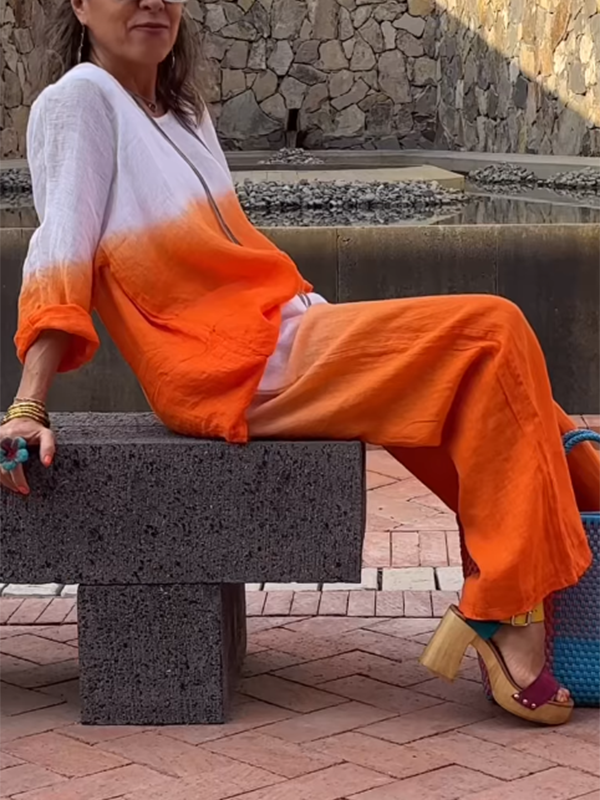 Women's Two-Piece Ombré Cotton-Linen Set – Ingrid – Orange