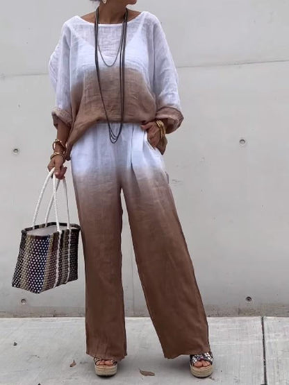 Women's Two-Piece Ombré Cotton-Linen Set – Ingrid – Brown