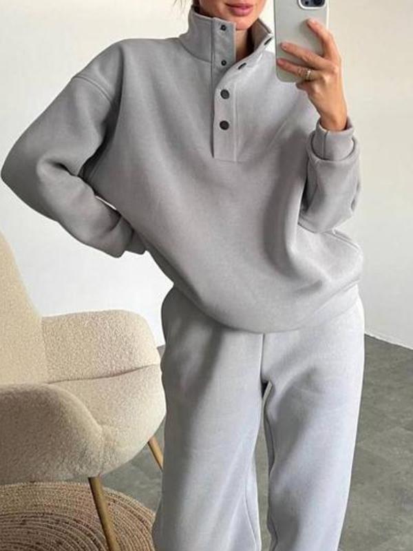 Women's Two-Piece Button Turtleneck Set – Madeline – Light Gray