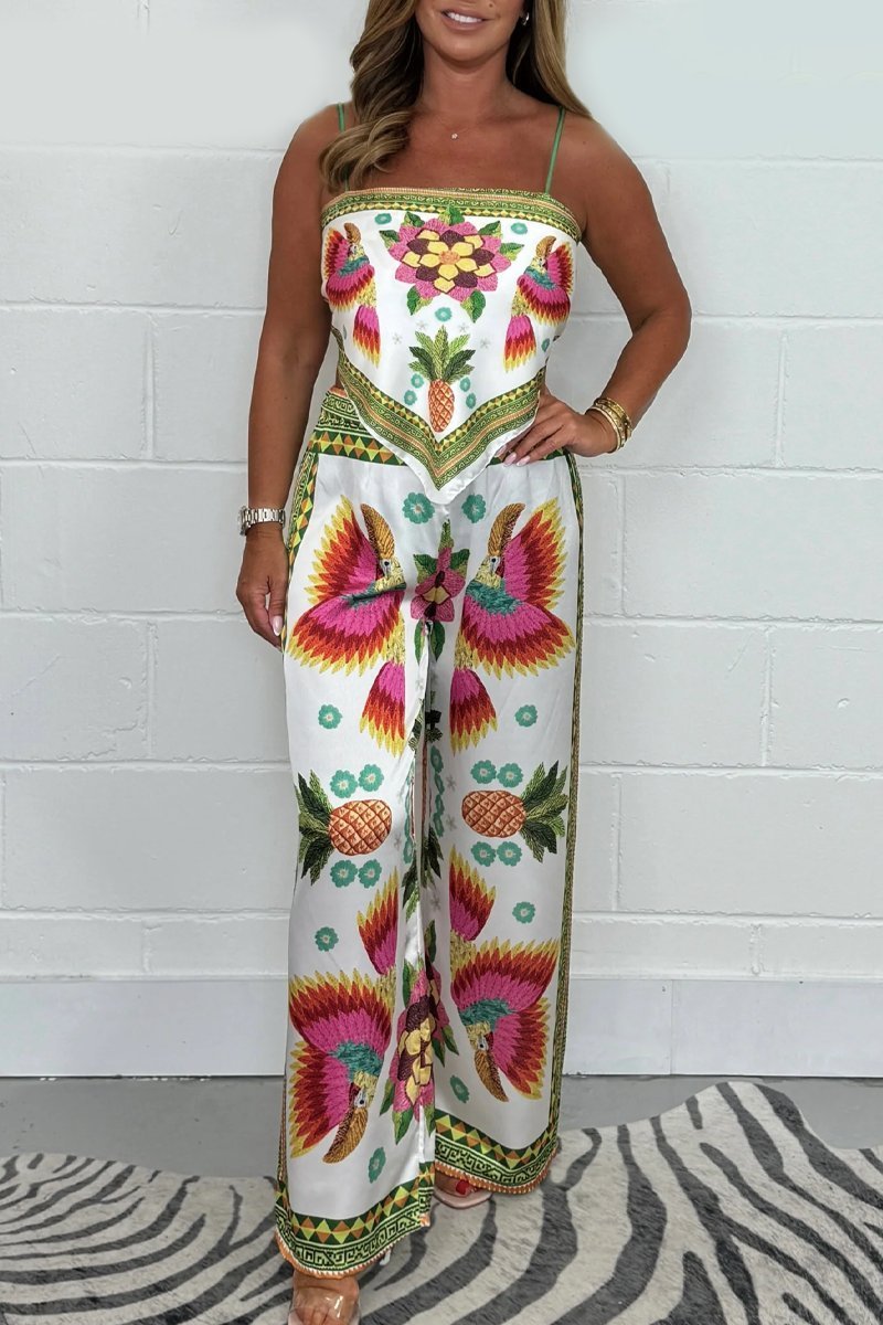 Women's Parrot-Print Pants and Scarf Set – Analia – White