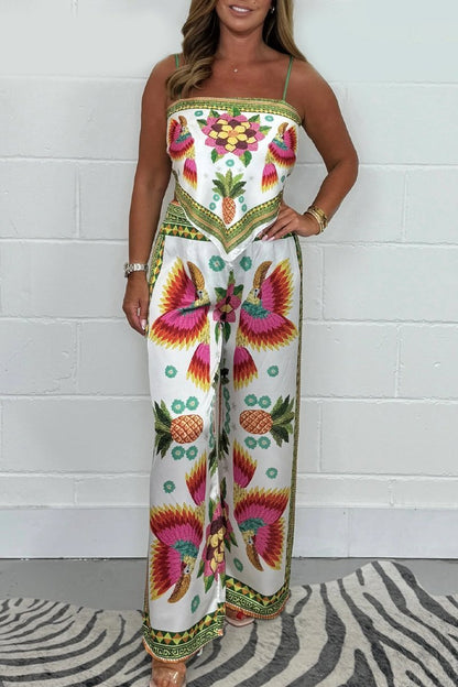 Women's Parrot-Print Pants and Scarf Set – Analia – White