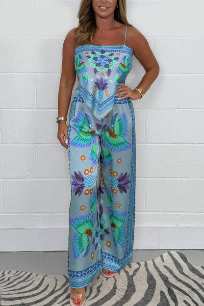 Women's Parrot-Print Pants and Scarf Set – Analia – Blue