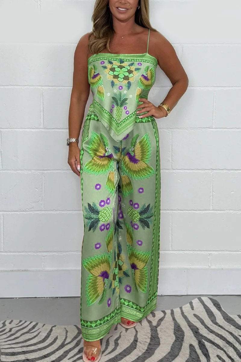 Women's Parrot-Print Pants and Scarf Set – Analia – Green