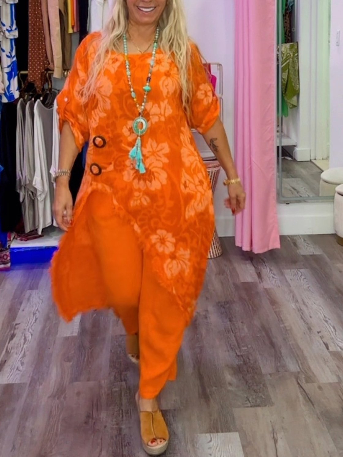 Women's Floral Patchwork Print Pants Set – Claudia – Orange