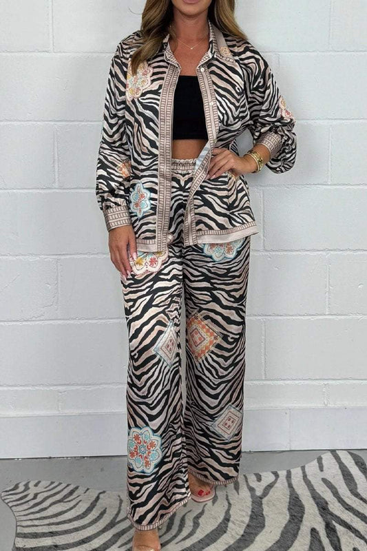 Women's Zebra and Floral Print Co-Ord Shirt and Pants Set – Wren – Orange / Brown
