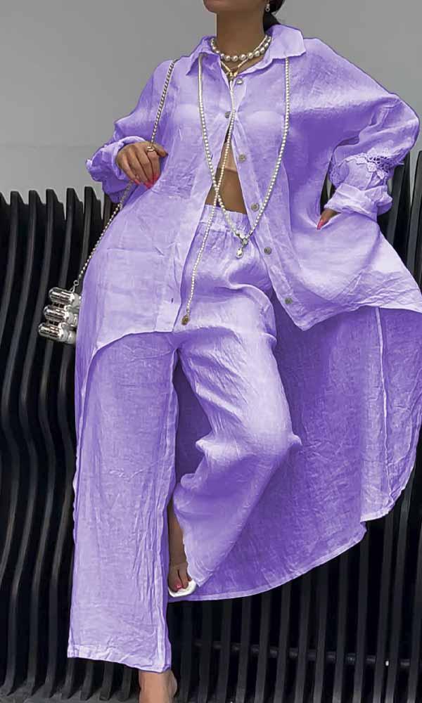Women's Two-Piece Cutout-Back Shirt and Linen Pants Set – Emberly – Purple