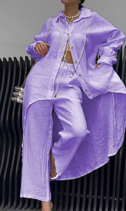Women's Two-Piece Cutout-Back Shirt and Linen Pants Set – Emberly – Purple